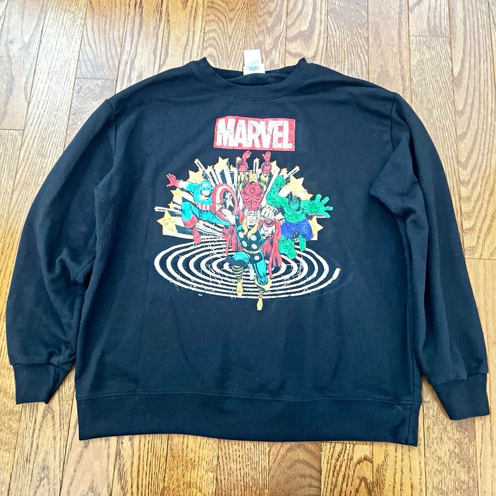 Marvel Comics Graphic Print Black Crew Neck Sweatshirt Mens XXL Avengers Sweater